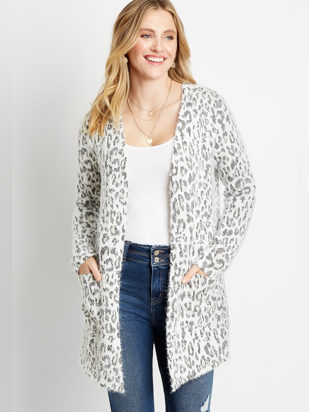 Maurices White Leopard Cozy Open Front Cardigan size large